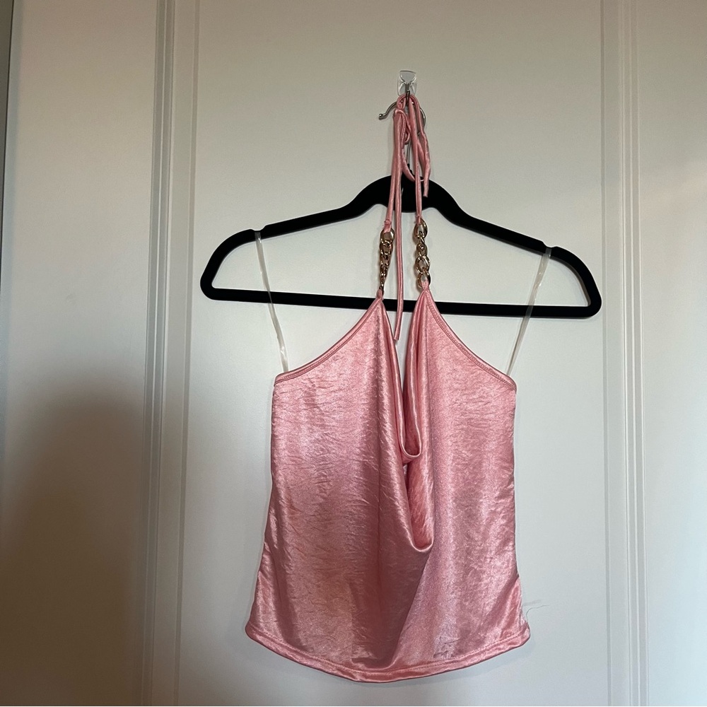 Y2K pink satin chain halter top